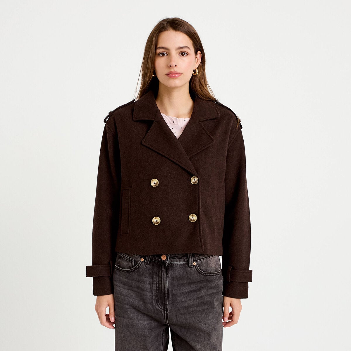 Trench court boutonn&eacute; marron fonc&eacute; femme