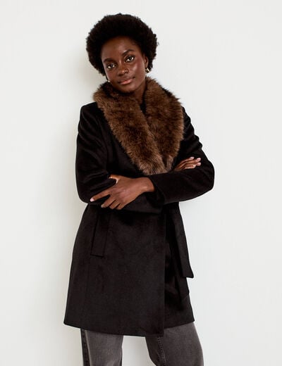 Manteau cintr&eacute; col ch&acirc;le manches longues noir femme
