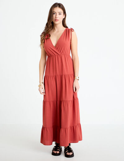 Robe longue &eacute;vas&eacute;e col V vieux rose femme