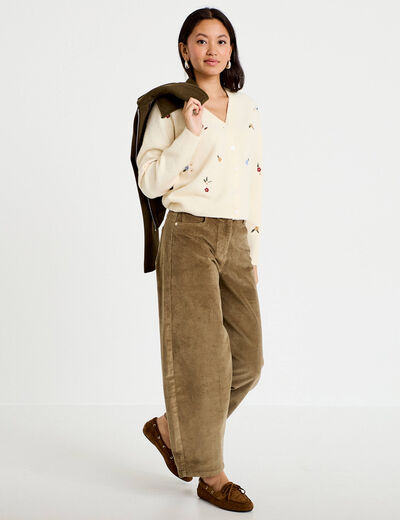 Gilet manches longues fleurs brod&eacute;es sable femme