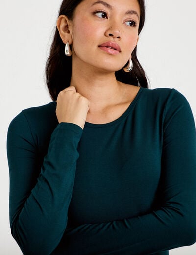 T-shirt uni &agrave; manches longues vert fonc&eacute; femme