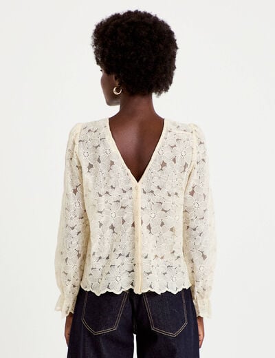 Blouse droite col v en dentelle ecru femme