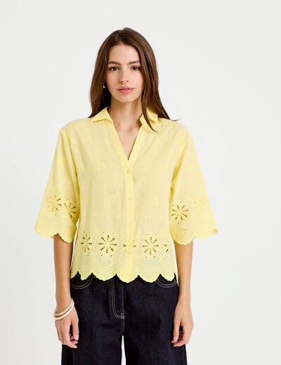 Chemise droite col classique manches 3/4 jaune pastel femme