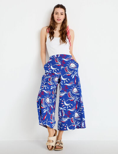 Pantalon large 3/4 taille standard bleu marine femme