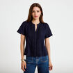 Blouse plastron brod&eacute; manches courtes bleu marine femme