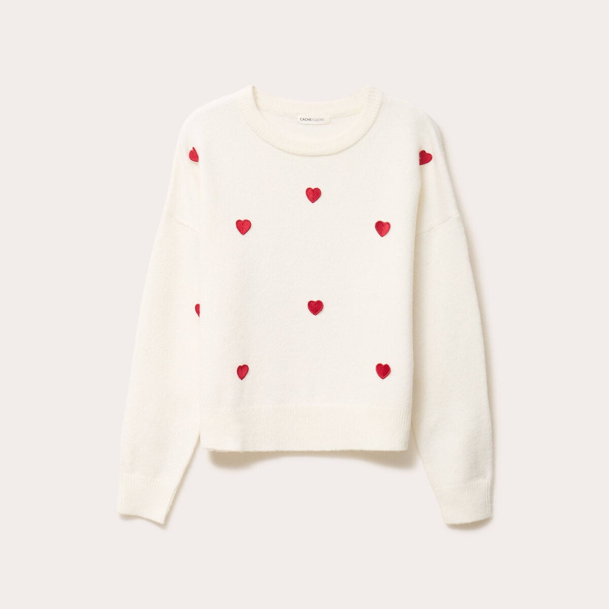 Pull &agrave; motifs coeurs ecru femme