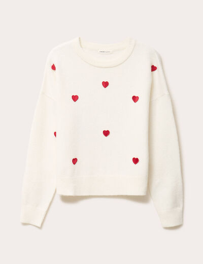 Pull &agrave; motifs coeurs ecru femme