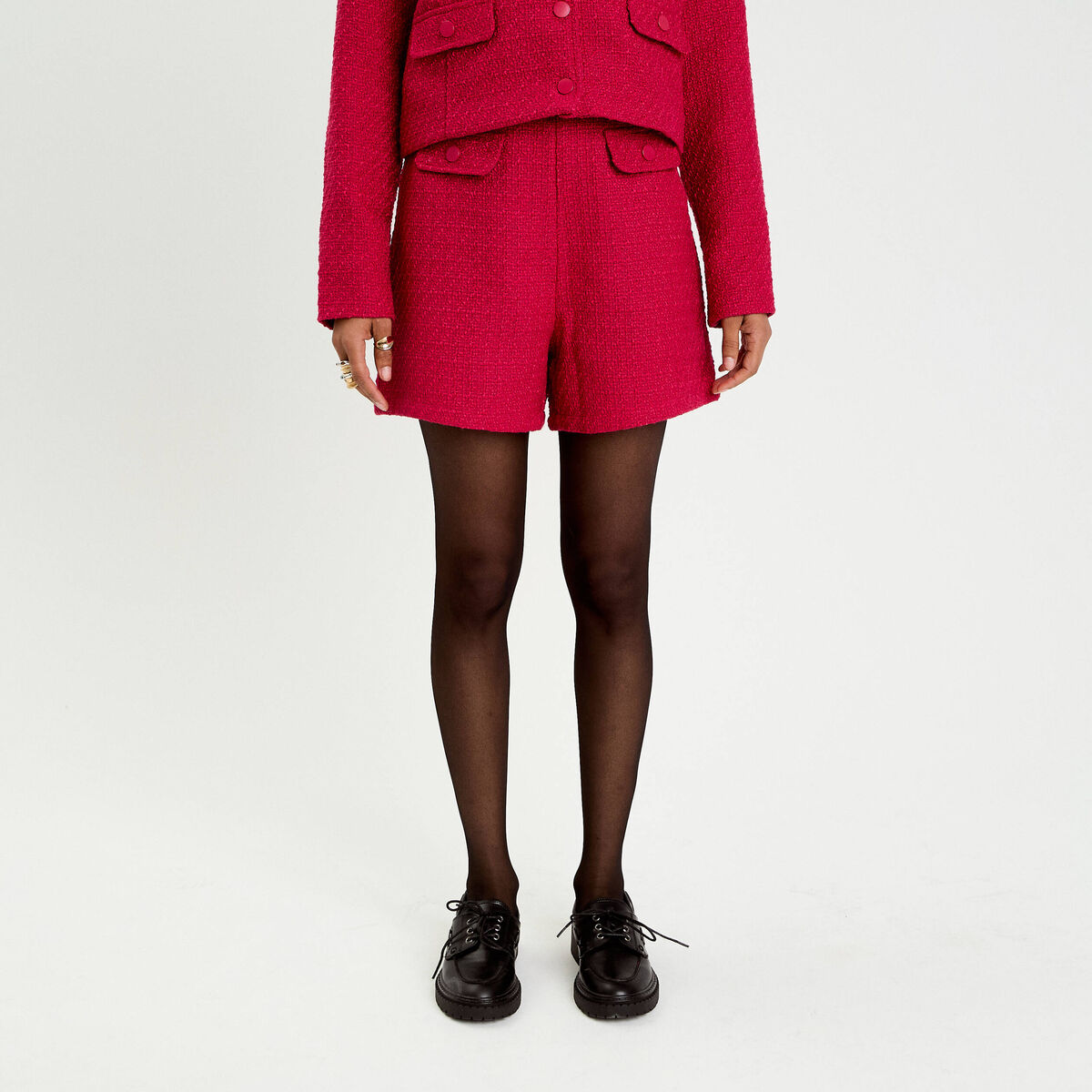 Short tweed taille haute rouge clair femme