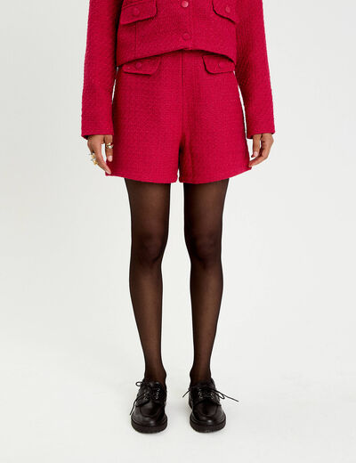Short tweed taille haute rouge clair femme
