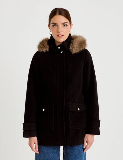 Manteau mi-long &agrave; capuche noir femme