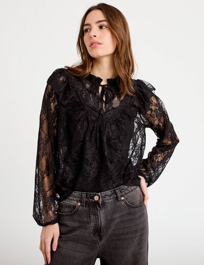Blouse col rond manches longues dentelle noir femme