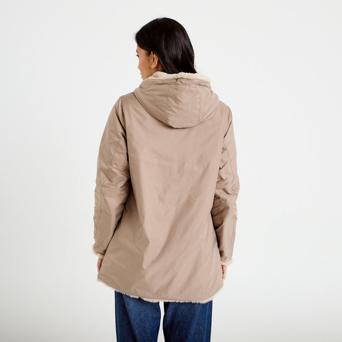 Parka r&eacute;versible 3/4 &agrave; capuche beige femme