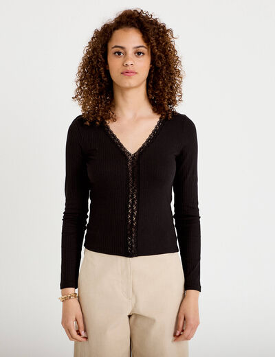 T-shirt ajust&eacute; dentelle manches longues noir femme