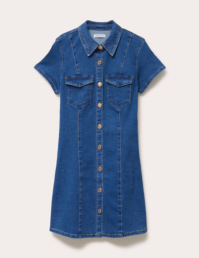 Robe trap&egrave;ze courte en jean col chemise denim double stone femme