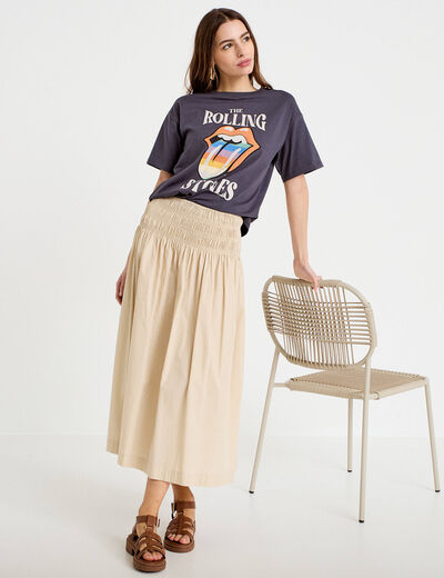 Jupon &eacute;vas&eacute; taille smock&eacute;e beige femme