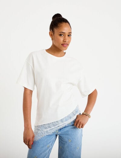 T-shirt oversize longue dentelle ecru femme