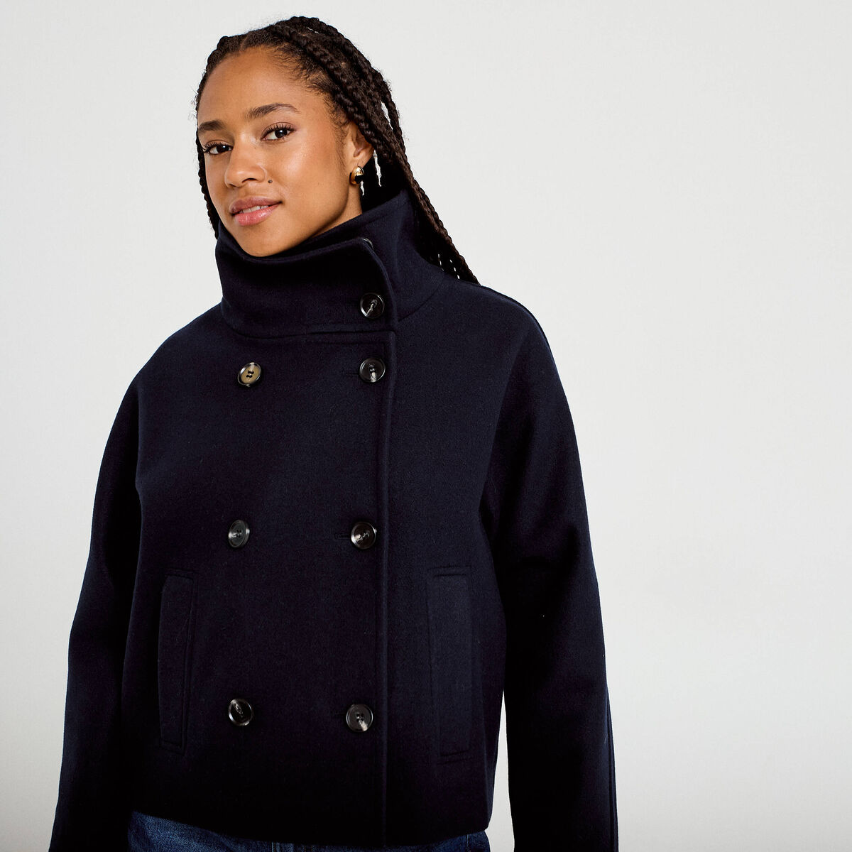 Caban court col montant bleu marine femme