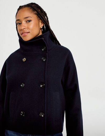 Caban court col montant bleu marine femme
