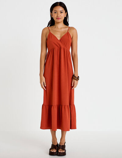 Robe d&eacute;collet&eacute; bretelles &eacute;vas&eacute;e orange fonc&eacute; femme