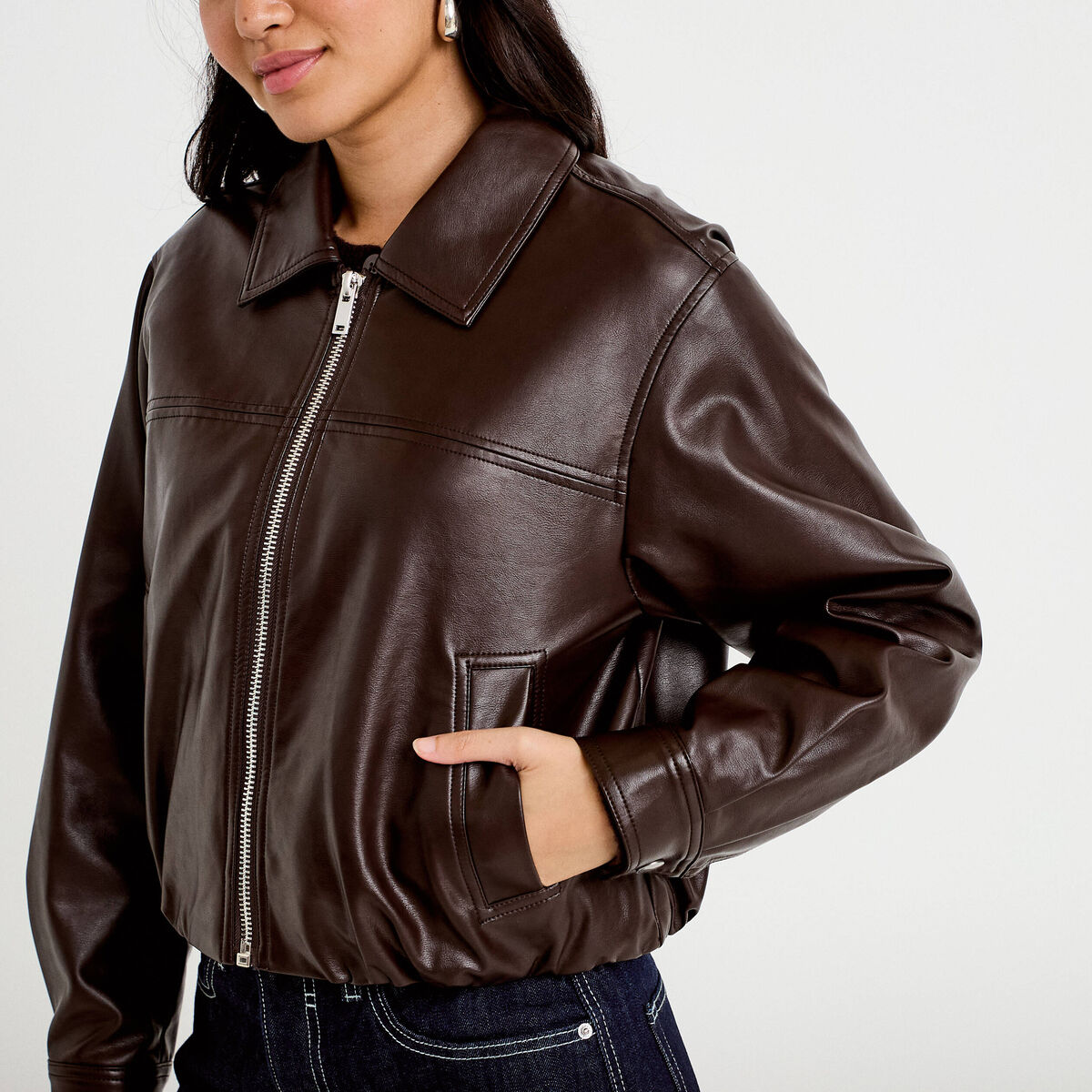 Veste effet boule manches longues marron fonc&eacute; femme