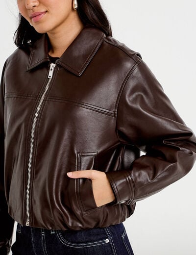 Veste effet boule manches longues marron fonc&eacute; femme