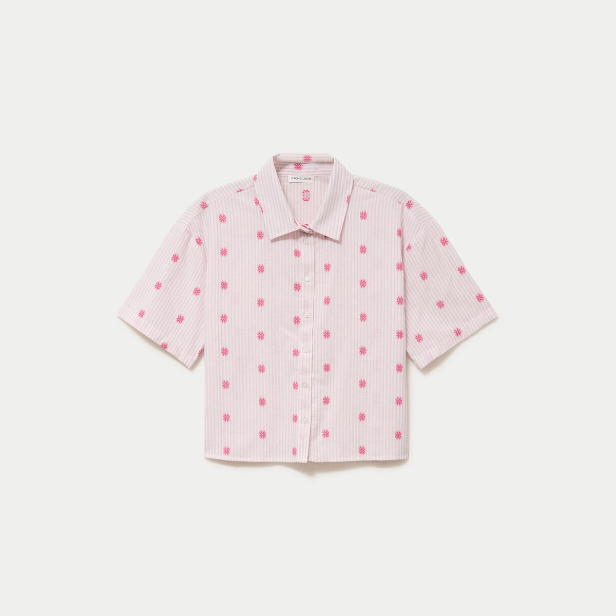 Chemise droite cropped col am&eacute;ricain rose femme