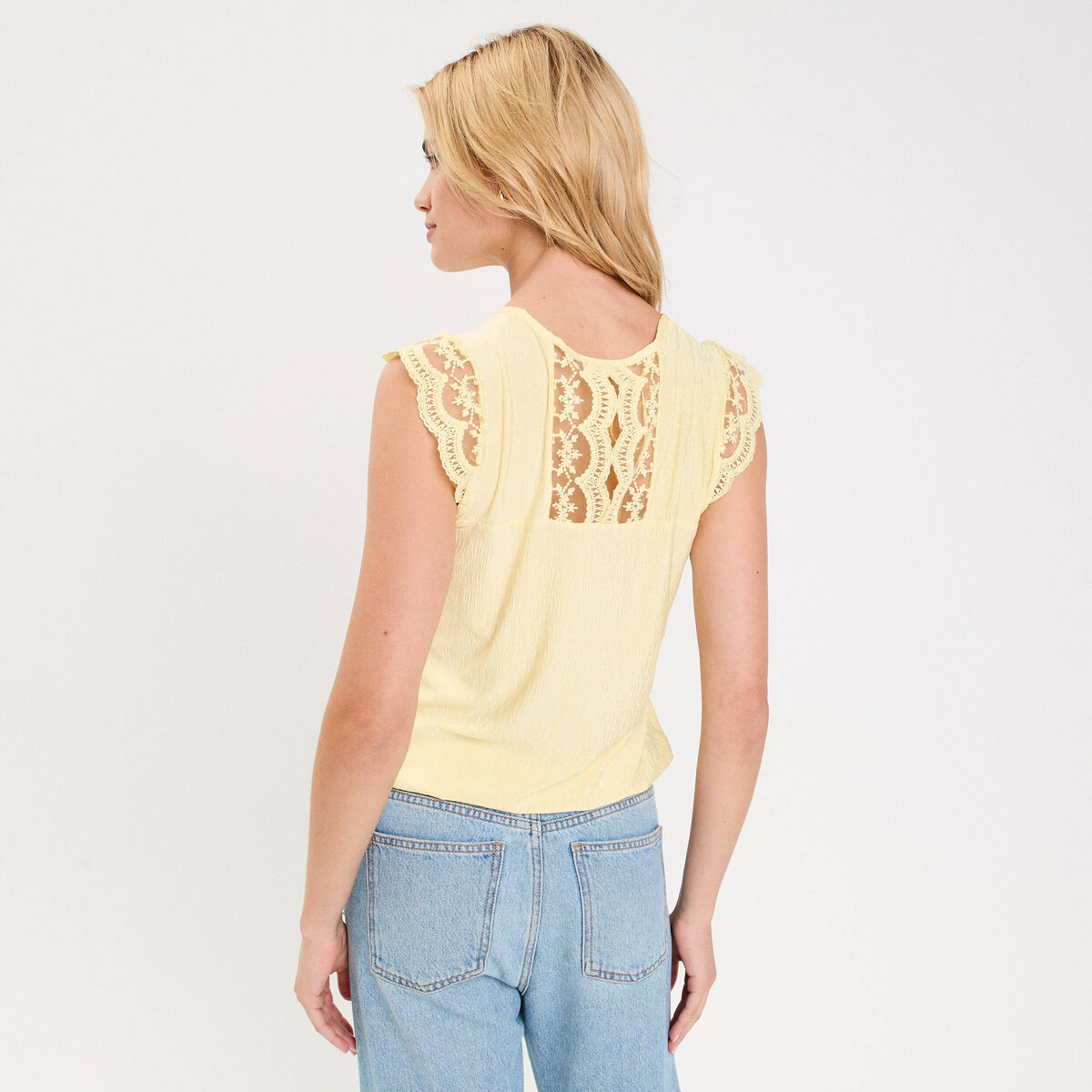 Blouse sans manches pliss&eacute;e jaune clair femme