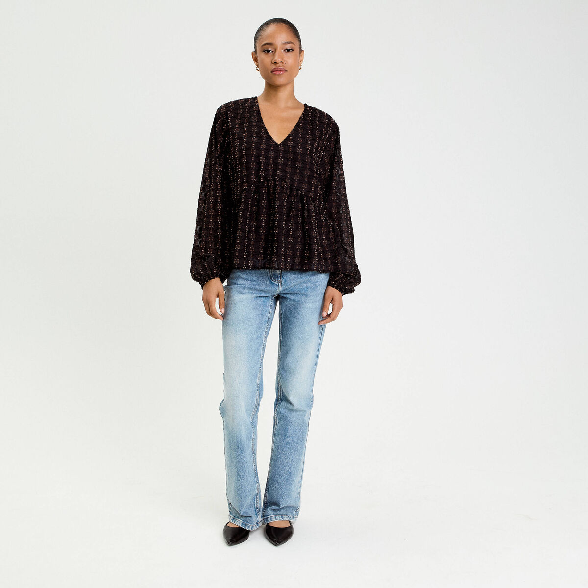 Blouse col V noir femme