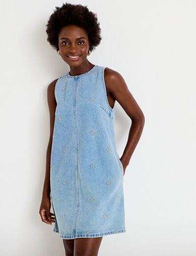 Robe courte droite en jean sans manches bleu femme
