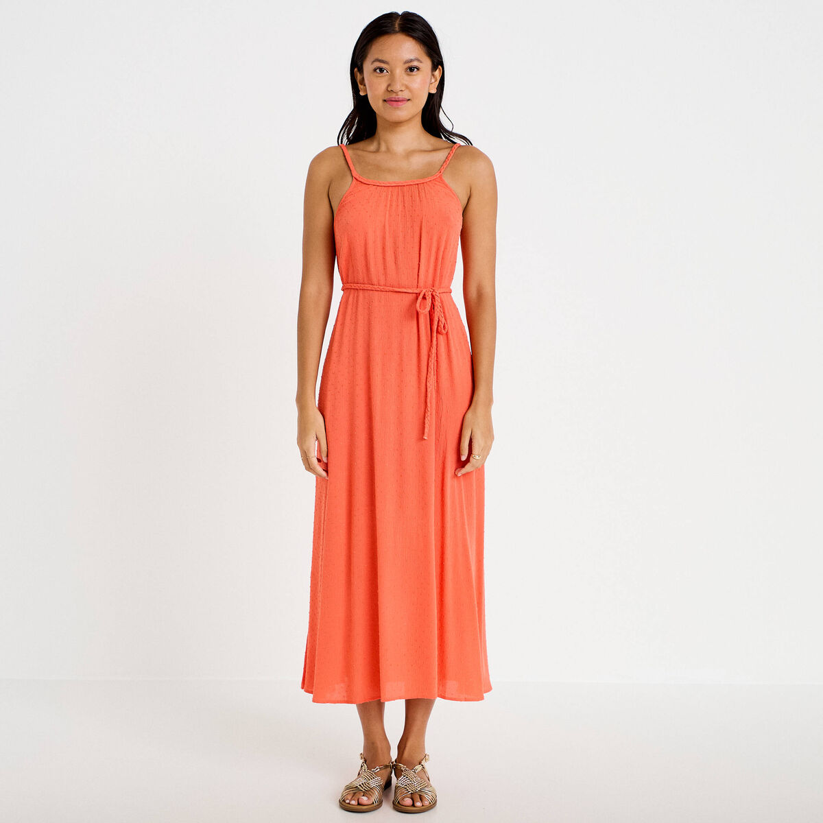 Robe longue &eacute;vas&eacute;e sans manches rouge corail femme