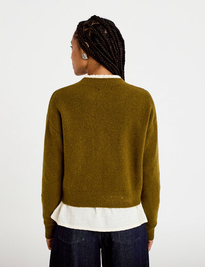 Gilet manches longues brod&eacute; noeuds vert olive femme