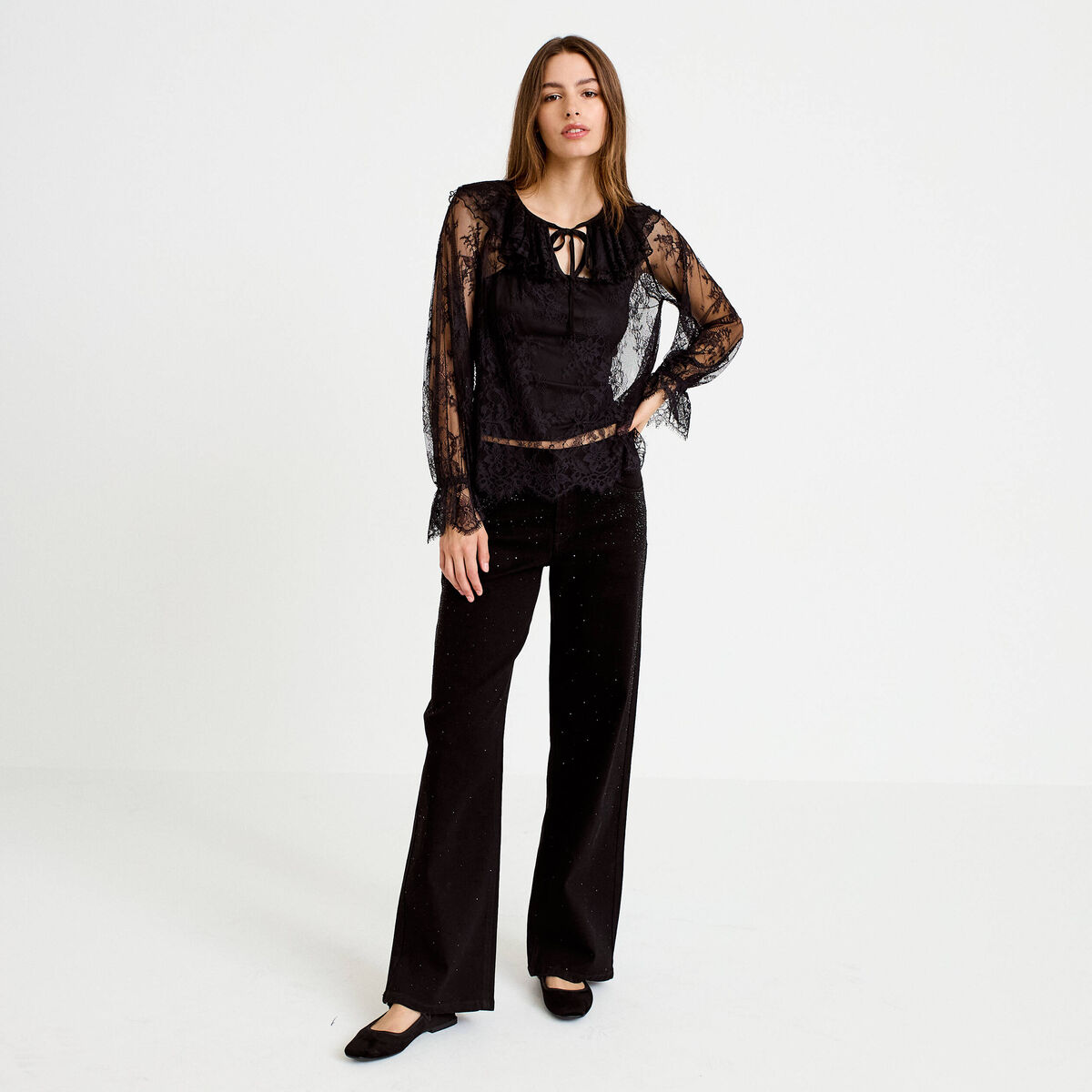 Blouse manches longues en dentelle noir femme