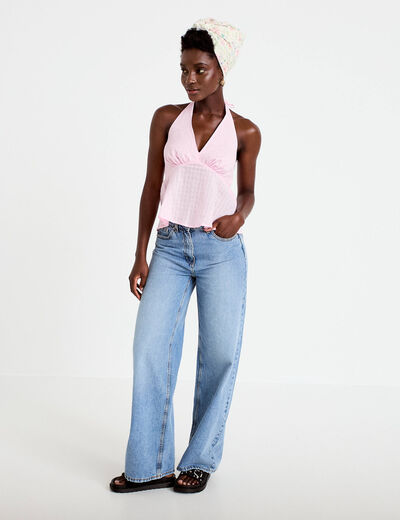 Top ajust&eacute; col v fines bretelles rose clair femme