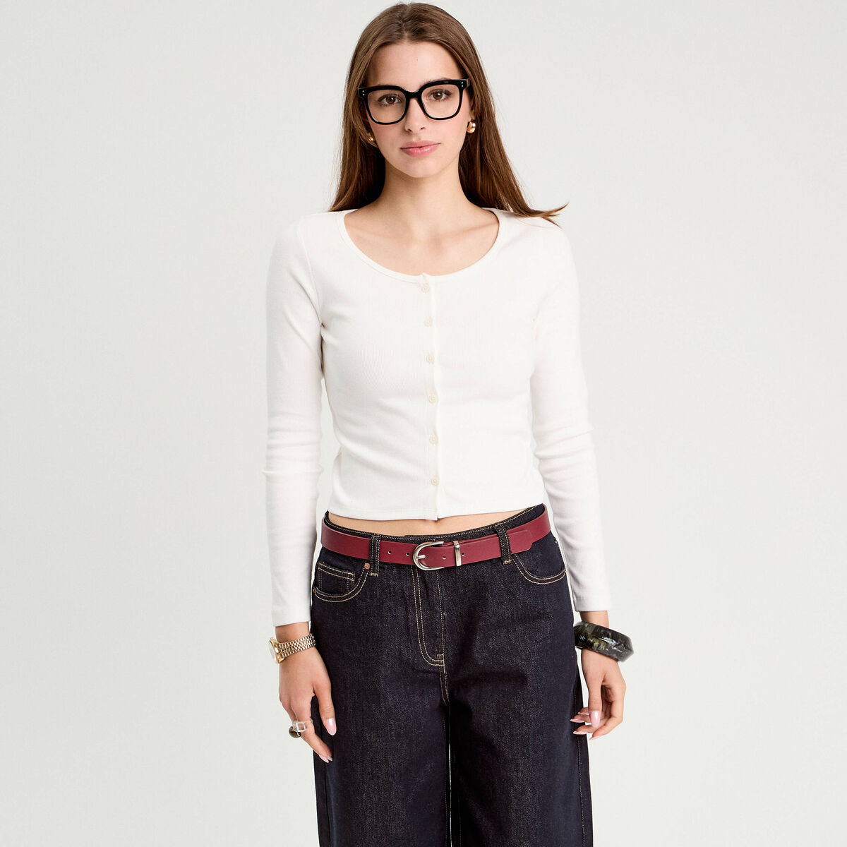 Gilet manches longues c&ocirc;tel&eacute; ecru femme