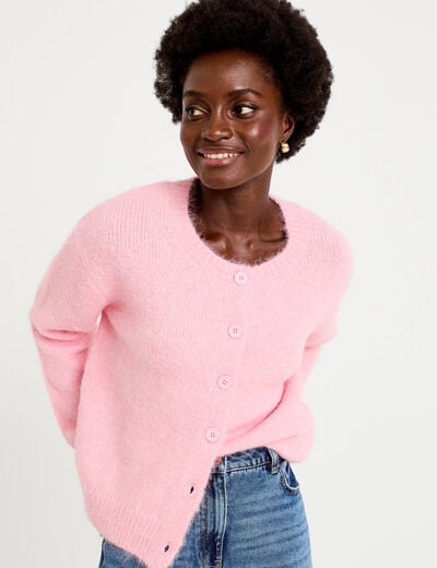Gilet ample col rond manches longues rose femme