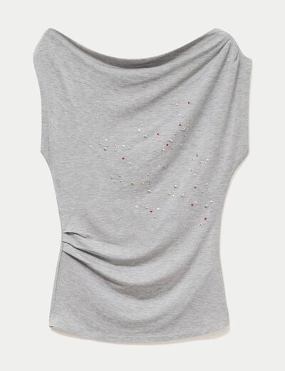 Top ajust&eacute; sans manches col bateau gris clair femme