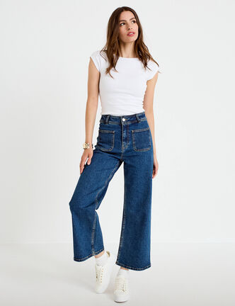 Jean wide leg cropped taille haute denim stone femme