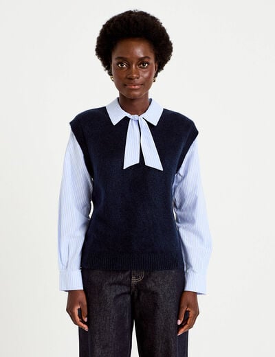Pull fin 2-en-1 manches longues bleu marine femme