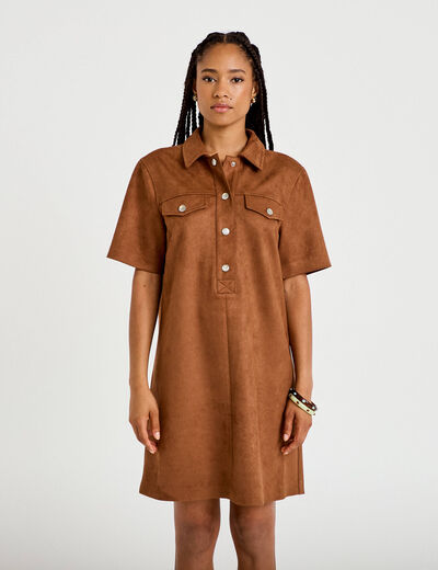 Robe droite 3/4 manches courtes daim marron femme