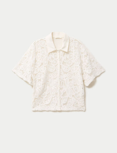 Chemise macram&eacute; manches courtes ecru femme