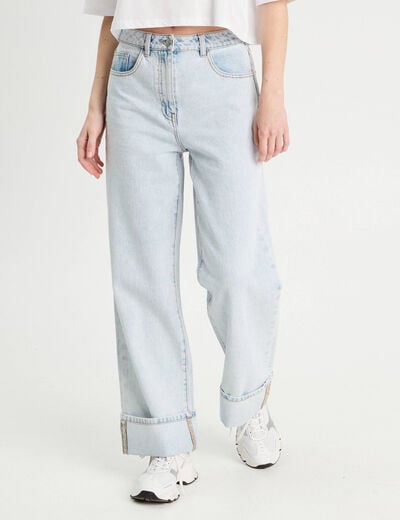 Jeans droit &agrave; revers denim bleach femme