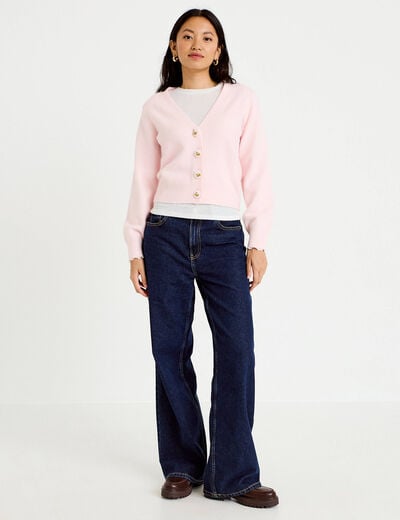Gilet col v broderie manches longues rose clair femme