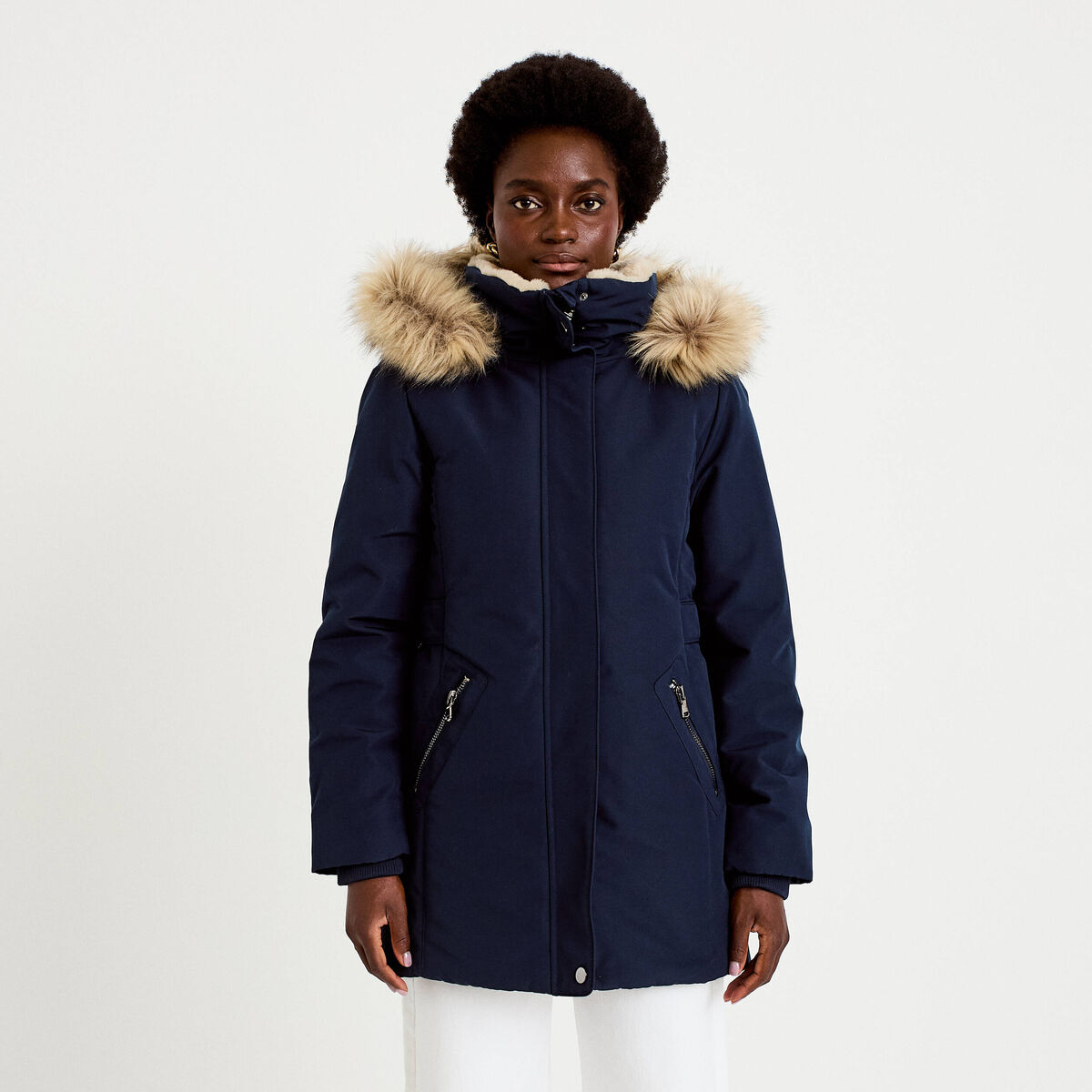 Parka &agrave; capuche fausse fourrure bleu marine femme