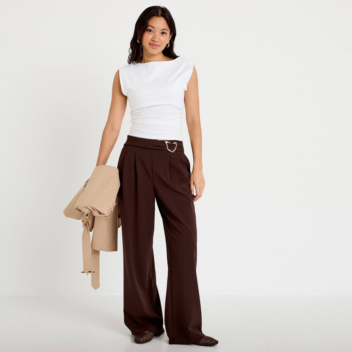 Pantalon bootcut avec ceinture marron fonc&eacute; femme