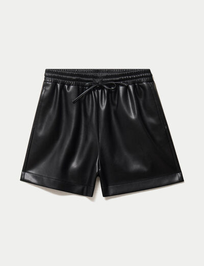 Short large taille haute en similicuir noir femme