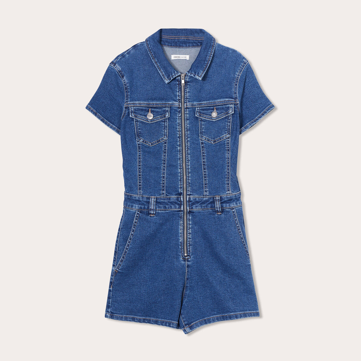 Combishort zipp&eacute;e en jean denim double stone femme