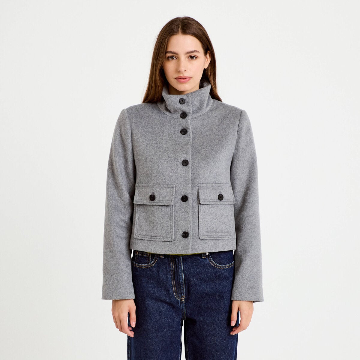 Veste courte aspect laineux gris femme