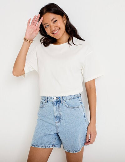 Short mom taille haute en jean strass denim triple stone femme