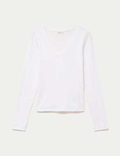 Top ajust&eacute; col v manches longues blanc femme