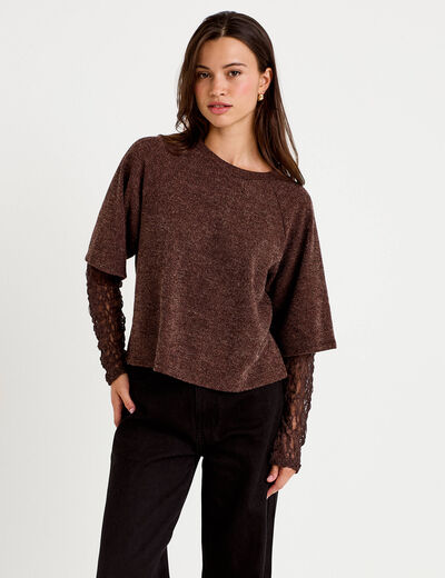 Top bi-mati&egrave;re dentelle col rond marron fonc&eacute; femme